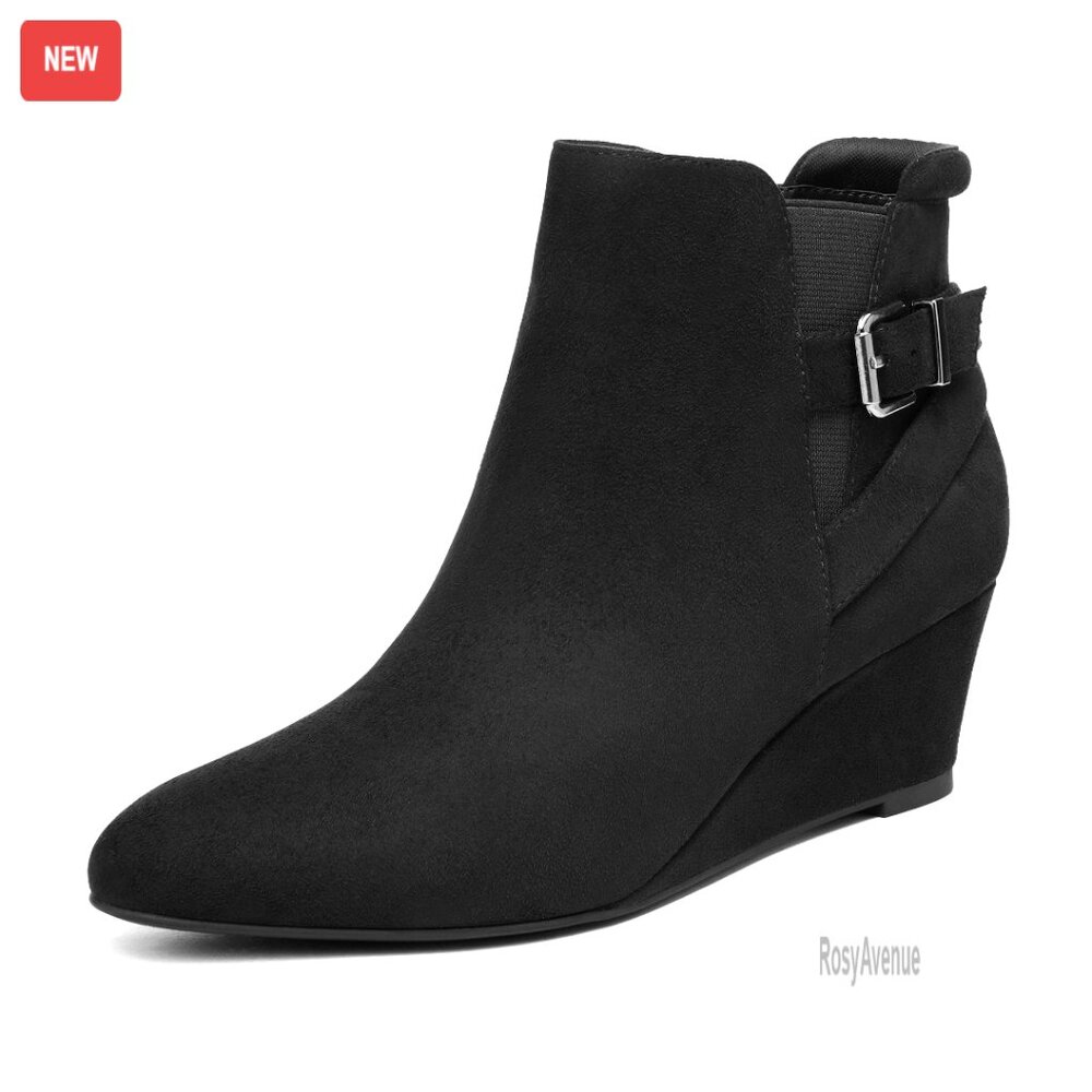 Women's Wedge Ankle Boots Low Heel Booties with Side Buckle Strap